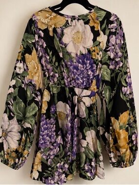 ASOS Black Floral Long Sleeve Dress with Purple & Yellow Blooms